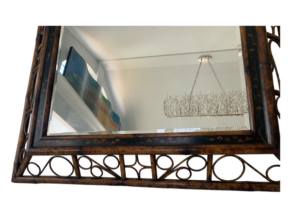 Bentwood burnt bamboo frame wall beveled mirror.