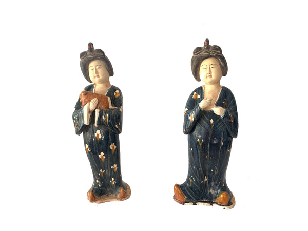 Tang Style Chinese Court Ladies in Blue Dress Ceramic Glazed Terracotta 24"H