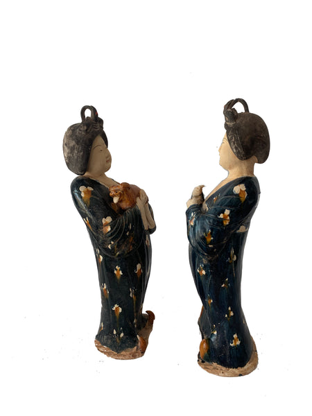 Tang Style Chinese Court Ladies in Blue Dress Ceramic Glazed Terracotta 24"H