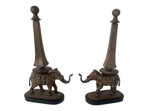 Elephant Bronze Finished Metal Obelisk on Marble Base pair