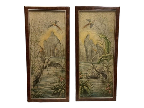 Pair of Large frame acrylic on board heron birds painting