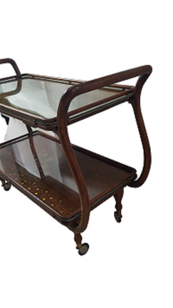 Mid-Century Aesthetic Rosewood Copper and Brass Inlaid Tea or Bar Cart