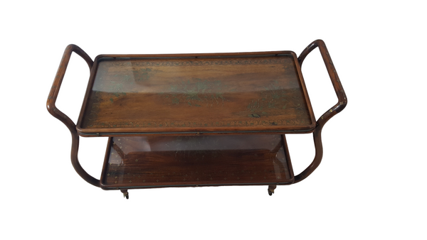 Mid-Century Aesthetic Rosewood Copper and Brass Inlaid Tea or Bar Cart