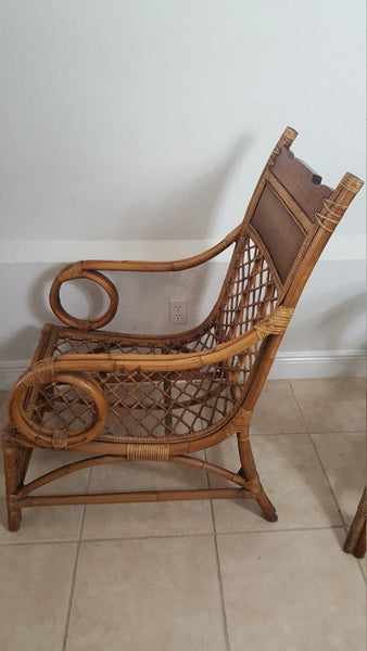 Super Rare Boho Chic Wood bamboo and rattan scoop lounge chairs