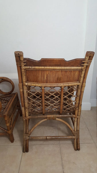 Super Rare Boho Chic Wood bamboo and rattan scoop lounge chairs