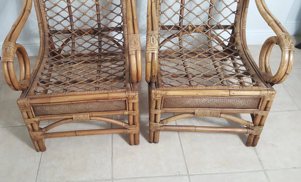 Super Rare Boho Chic Wood bamboo and rattan scoop lounge chairs