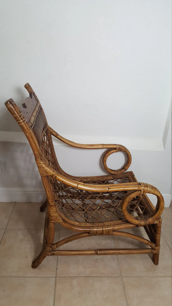 Super Rare Boho Chic Wood bamboo and rattan scoop lounge chairs