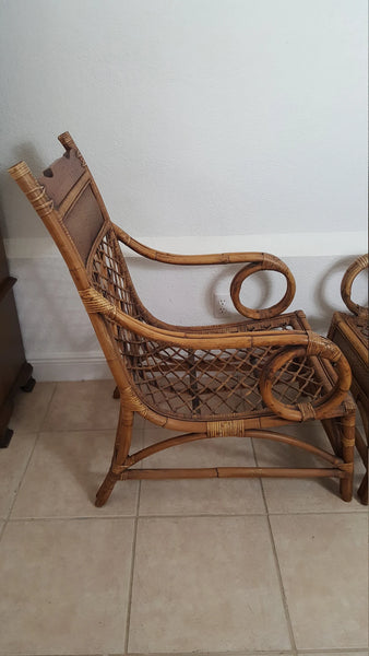 Super Rare Boho Chic Wood bamboo and rattan scoop lounge chairs