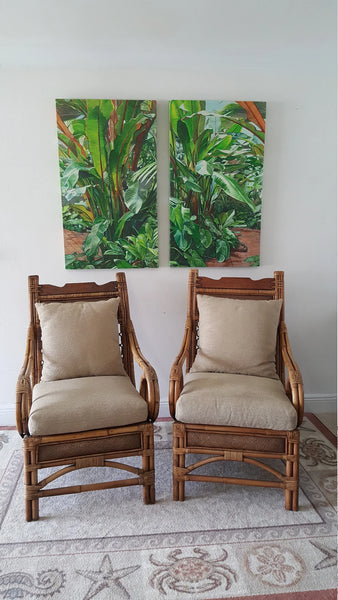 Super Rare Boho Chic Wood bamboo and rattan scoop lounge chairs