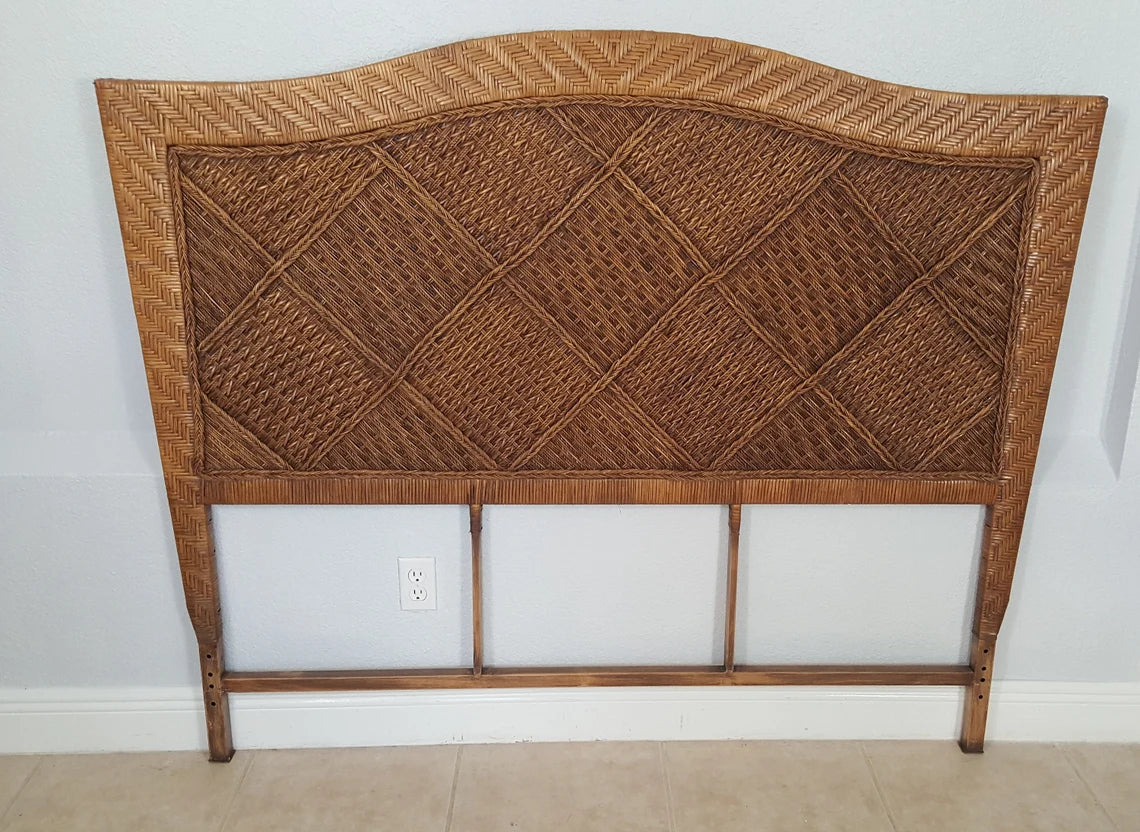 Wrapped wicker bamboo metal frame queen size headboard.