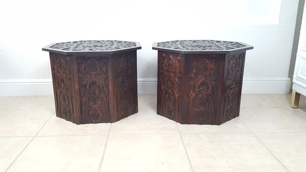 Pier One Octagonal Hand Carved Wooden End Tables