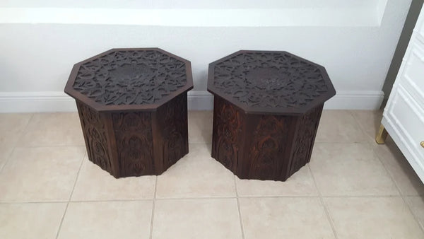 Pier One Octagonal Hand Carved Wooden End Tables