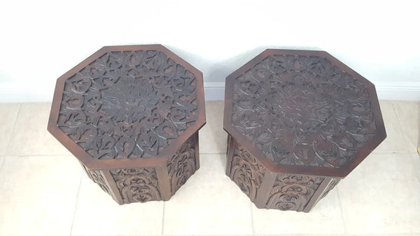 Pier One Octagonal Hand Carved Wooden End Tables