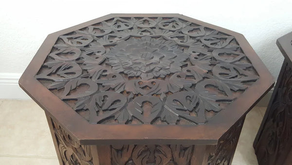 Pier One Octagonal Hand Carved Wooden End Tables