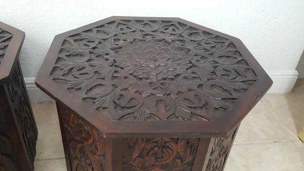 Pier One Octagonal Hand Carved Wooden End Tables