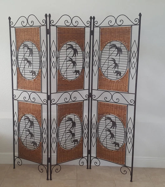 Wrought Iron Woven Rattan Palms and Elephant Design Room Divider