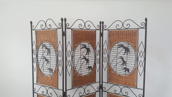 Wrought Iron Woven Rattan Palms and Elephant Design Room Divider