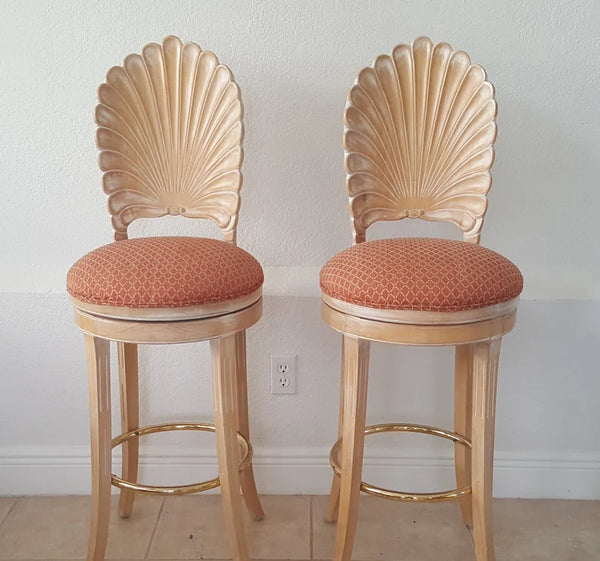 Pair of Italian Scallop Shell Carved Wood Back Bar stools