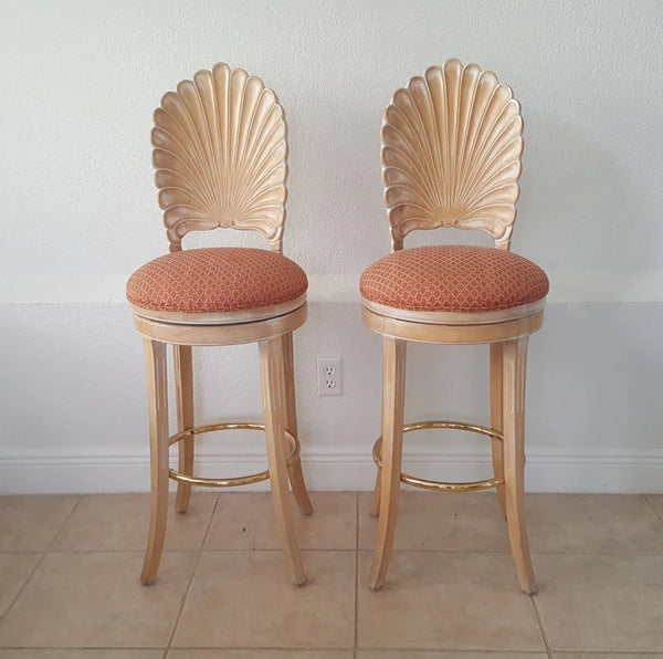 Pair of Italian Scallop Shell Carved Wood Back Bar stools