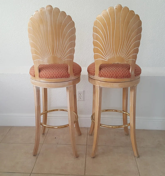 Pair of Italian Scallop Shell Carved Wood Back Bar stools