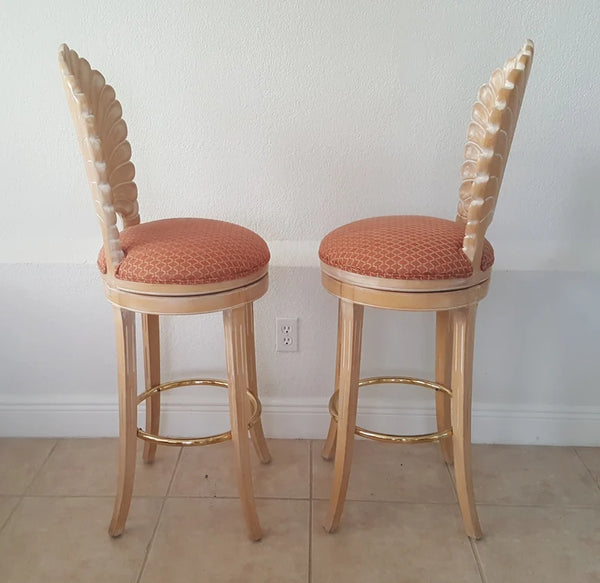 Pair of Italian Scallop Shell Carved Wood Back Bar stools