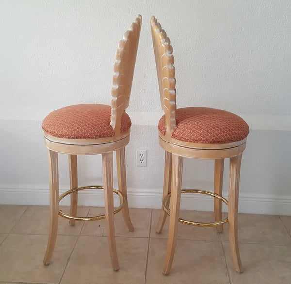 Pair of Italian Scallop Shell Carved Wood Back Bar stools