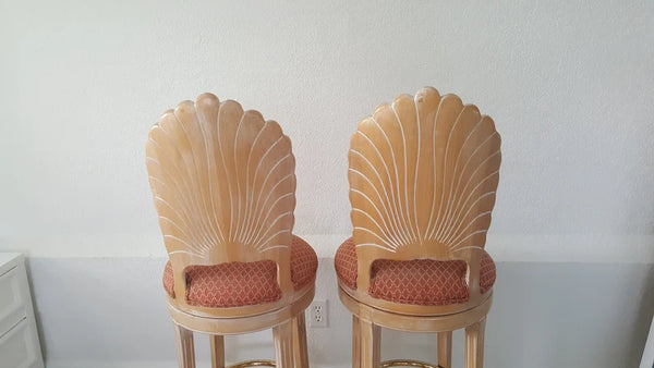 Pair of Italian Scallop Shell Carved Wood Back Bar stools