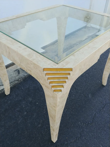 Tessellated Stone Brass Inlay Rectangular Side Table Glass Top Maitland Smith