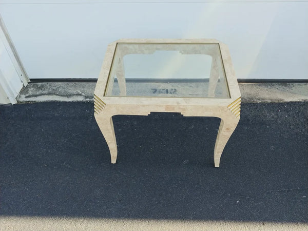 Tessellated Stone Brass Inlay Rectangular Side Table Glass Top Maitland Smith