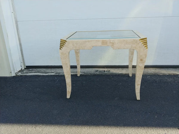 Tessellated Stone Brass Inlay Rectangular Side Table Glass Top Maitland Smith