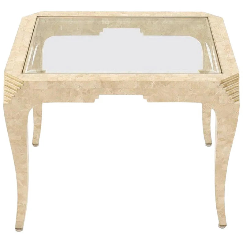 Tessellated Stone Brass Inlay Rectangular Side Table Glass Top Maitland Smith