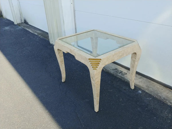 Tessellated Stone Brass Inlay Rectangular Side Table Glass Top Maitland Smith