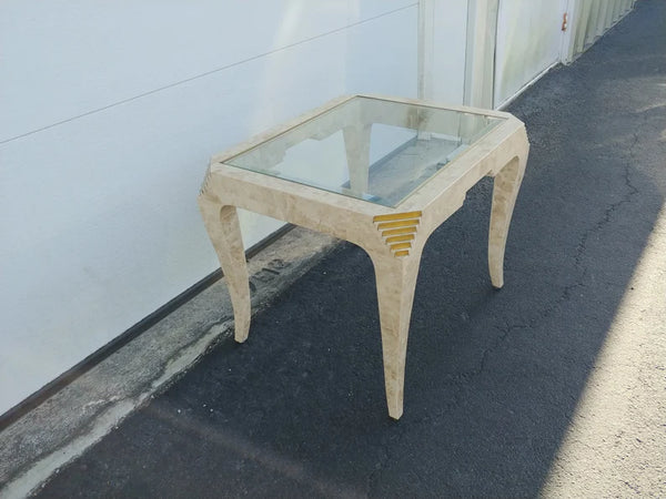 Tessellated Stone Brass Inlay Rectangular Side Table Glass Top Maitland Smith