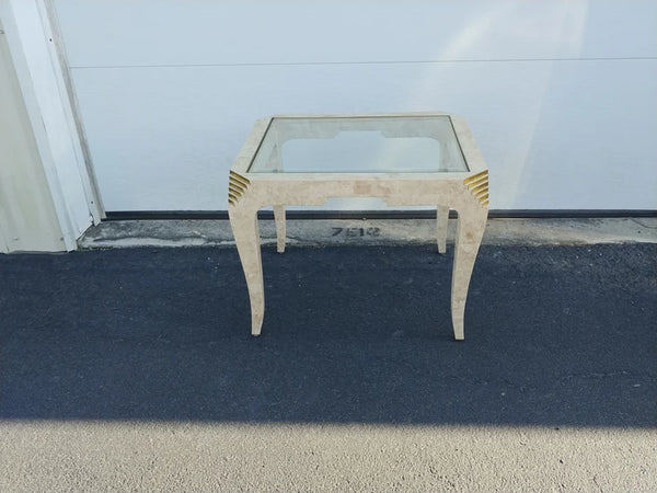 Tessellated Stone Brass Inlay Rectangular Side Table Glass Top Maitland Smith