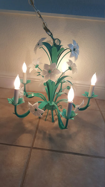 Italian Murano Mid-Century Metal Green Floral Chandelier 6 arms