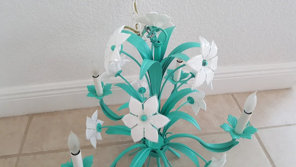 Italian Murano Mid-Century Metal Green Floral Chandelier 6 arms