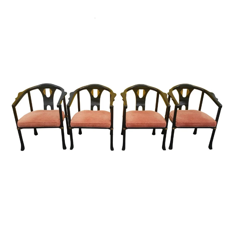 James Mont Mid Century Asian Black Lacquer Horseshoe Chairs by Century Company 4