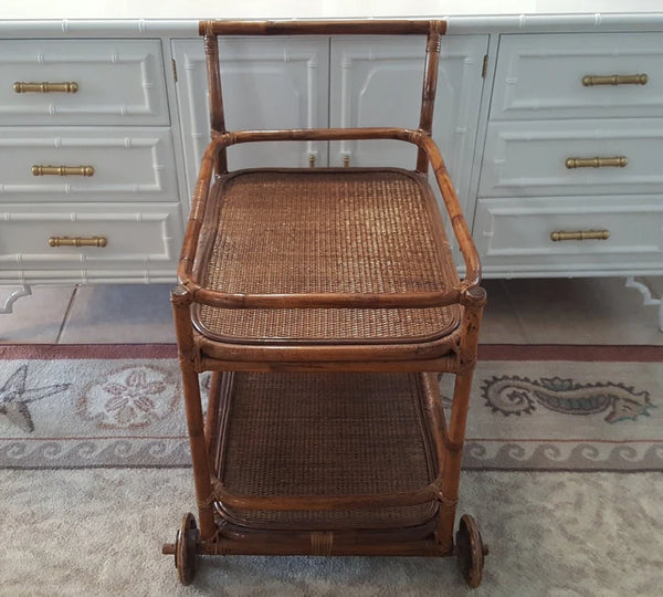 Vintage Bamboo Rattan and Wooden bar cart trolley 2 tier