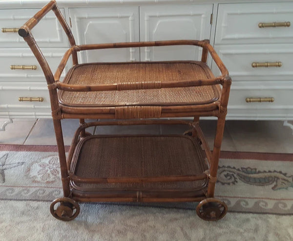 Vintage Bamboo Rattan and Wooden bar cart trolley 2 tier