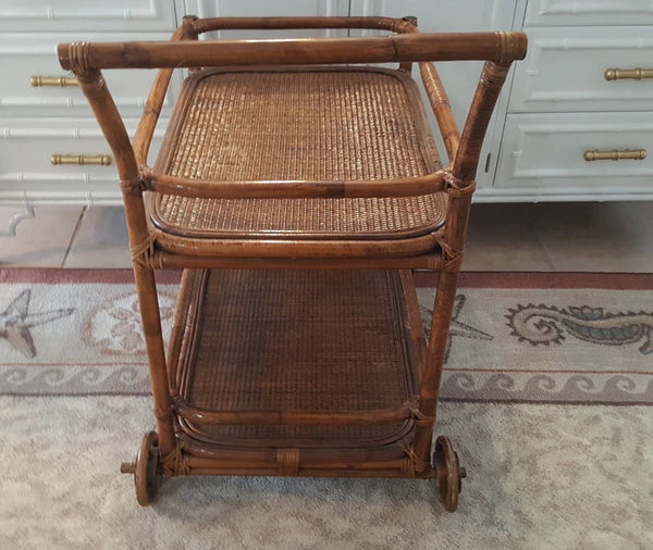 Vintage Bamboo Rattan and Wooden bar cart trolley 2 tier