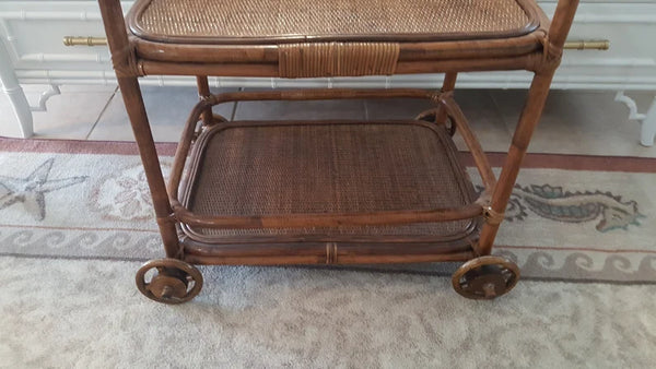 Vintage Bamboo Rattan and Wooden bar cart trolley 2 tier