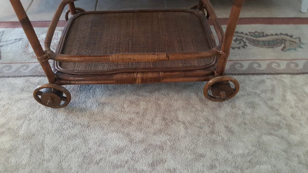 Vintage Bamboo Rattan and Wooden bar cart trolley 2 tier