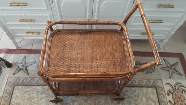 Vintage Bamboo Rattan and Wooden bar cart trolley 2 tier