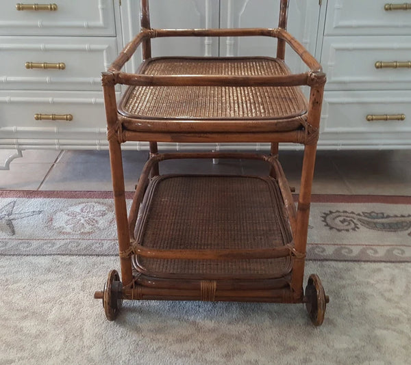 Vintage Bamboo Rattan and Wooden bar cart trolley 2 tier