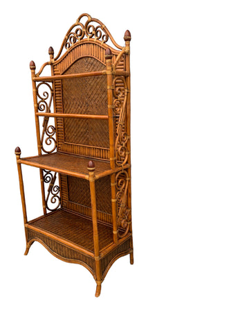 Mid-Century Hollywood Regency Brown Rattan Etagere Palm Beach Bakers rack