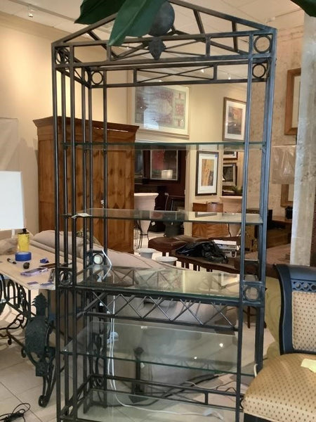 Maitland Smith Greek inspired Iron etagere with 5 glass shelves and wine rack.