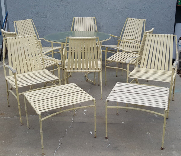 Faux bamboo cast aluminum strapped outdoor dining patio set