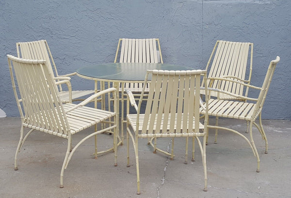 Faux bamboo cast aluminum strapped outdoor dining patio set